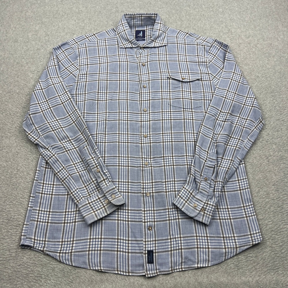 Johnnie-O Top Shelf Button Down Shirt Mens Large Ripple Blue Plaid Cotton Pocket